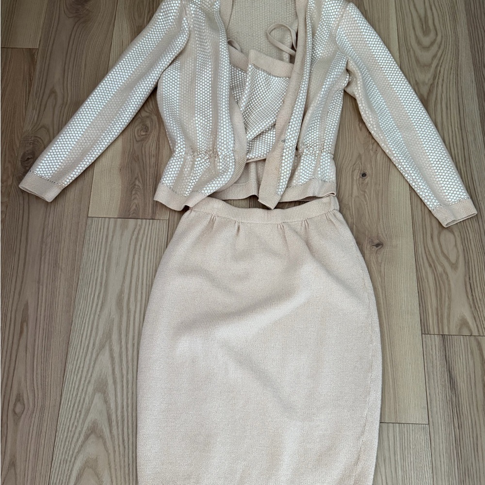 St. John Blush Cream Knit Skirt Set with Textured Jacket